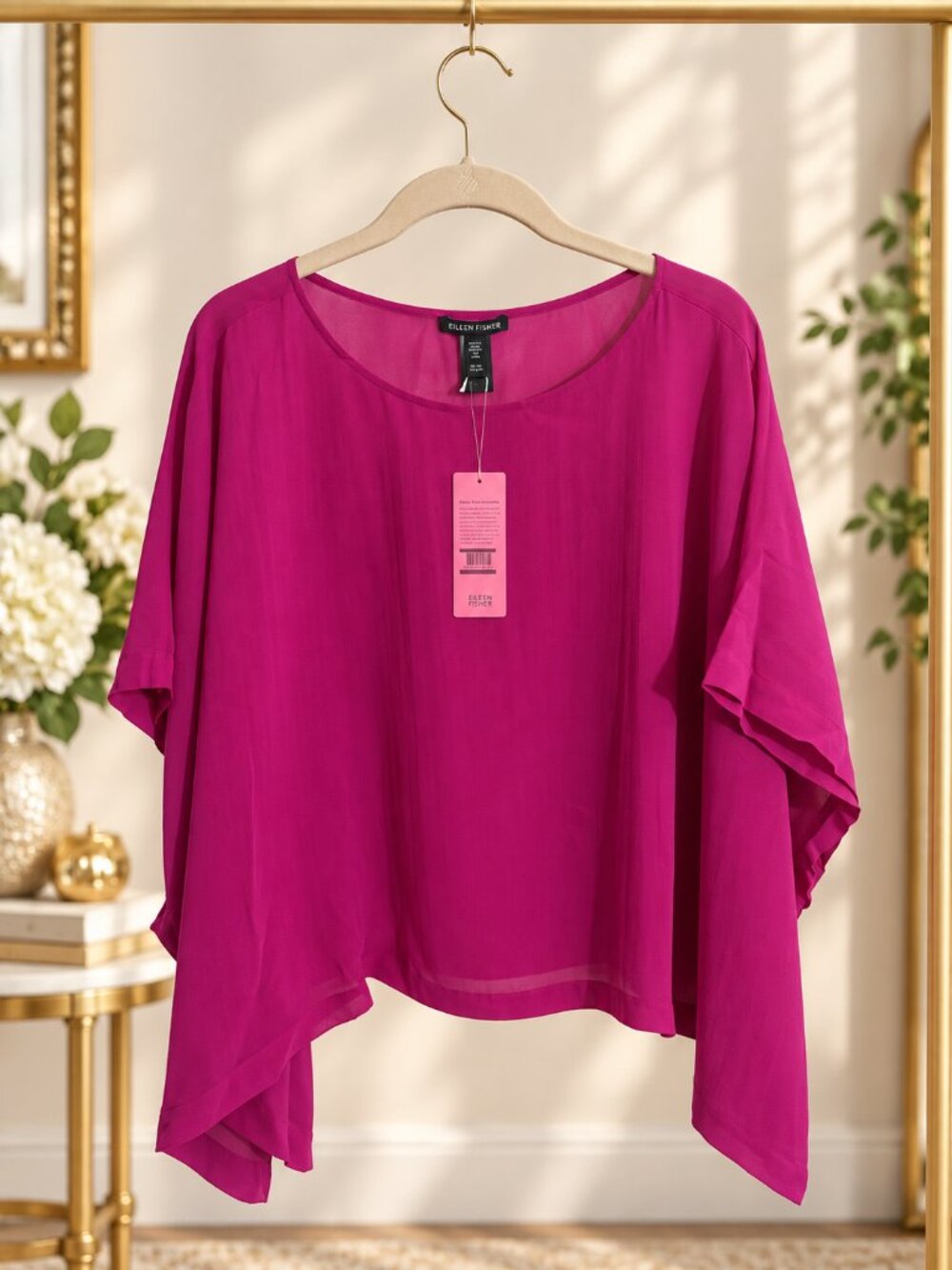Eileen Fisher Cerise Sheer Silk Georgette Bateau Poncho Top L/XL NWT